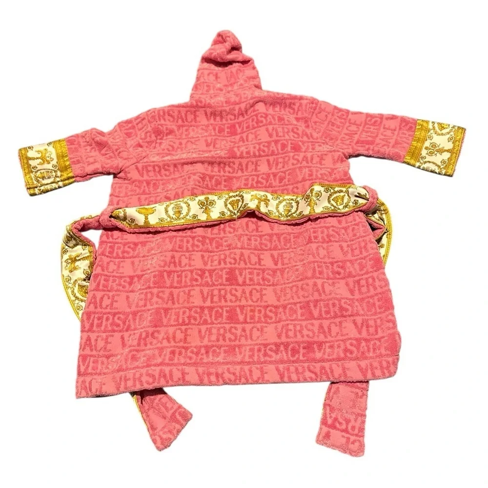 Versace Kids Coral Hooded Pajama Robe with Gold Baroque Trim, pre-owned
